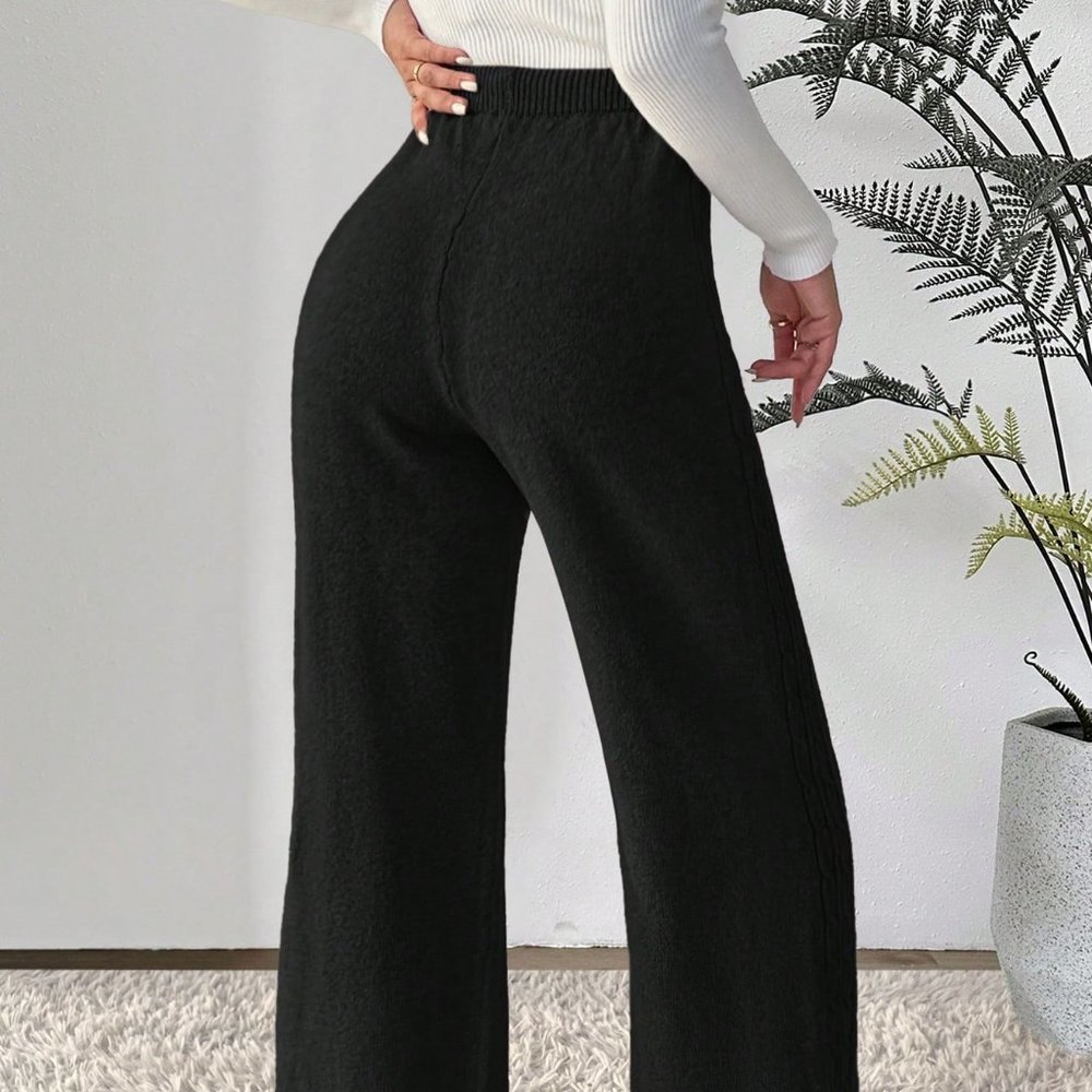 Black Casual Womens Drawstring Waist Wide Leg Knit Pants - Picture 3 of 5
